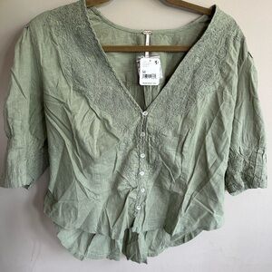NWT Free People Laurie Embroidered Blouse In Green Medium